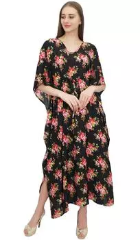 Женский черный хлопковый кафтан с цветочным принтом и кимоно Bimba 10 чёрный