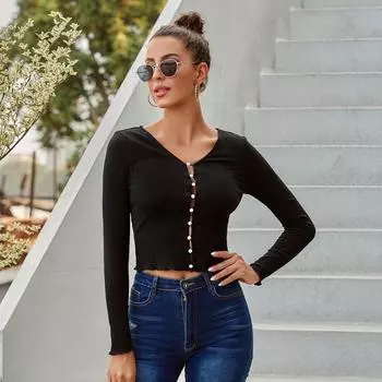 Женский черный короткий кардиган, осенне-зимний однобортный трикотаж с длинным рукавом и v-образным вырезом, уникальный дизайн, мягкий/удобный, SML XL S чёрный