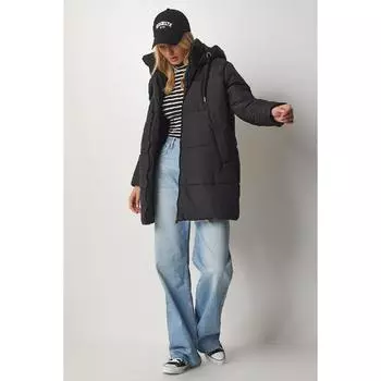 Женский черный пуховик оверсайз с капюшоном Dd01245