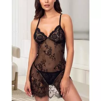 Женский черный сексуальный полупрозрачный комбинезон с жаккардовым узором S