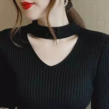 Женский черный свитер с V-образным вырезом и халтером - Осень/Зима 2024 S (Below 90 jin) жёлтый