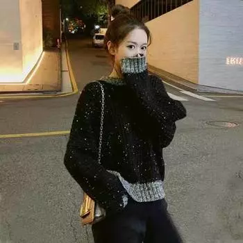 Женский черный свитер в гонконгском стиле с пайетками свободного кроя для верхней одежды, ленивый и повседневный универсальный трикотаж M
