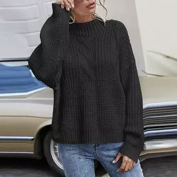 Женский черный свободный свитер с высоким воротом и удобным воротником, однотонный вязаный свитер с длинными рукавами S чёрный