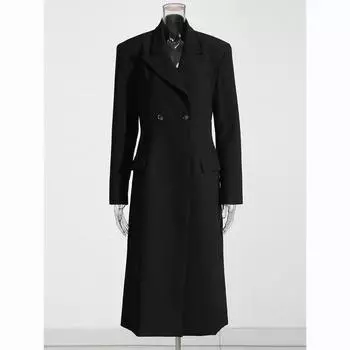 Женский черный тонкий пиджак длиной до щиколотки с лацканами и длинным рукавом на одной пуговице, модная куртка весна-осень L чёрный