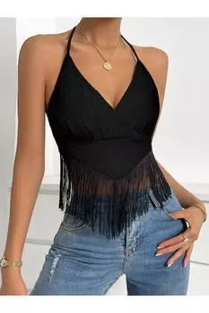 Женский черный укороченный топ с бахромой во французском стиле Bella Notte - элегантная и модная блузка для женщин