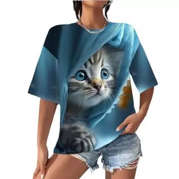 Женский цифровой принт с круглым вырезом и короткими рукавами, милый 3D-топ с изображением кота, повседневные свободные футболки для женщин S