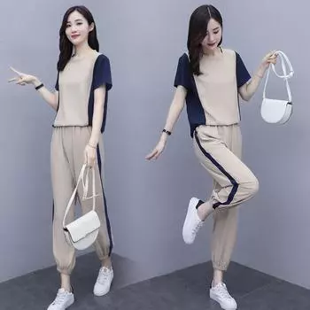 Женский цветной летний костюм больших размеров с коротким рукавом, женский офисный повседневный комплект из 2 предметов: короткий рукав + широкие брюки XXXXL дубильная кора