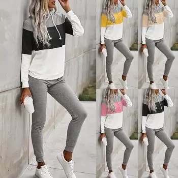 Женский цветной осенне-зимний свитер с капюшоном и длинными рукавами, брючный костюм L чёрный