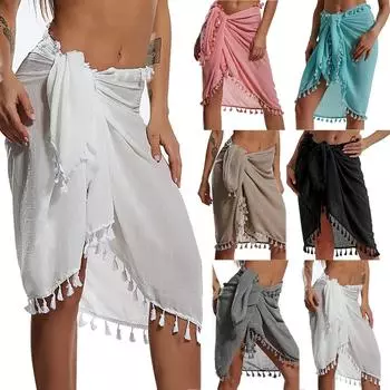 Женский цветной пляжный саронг с кисточками, накидка, шифоновый купальник, юбки с запахом F чёрный