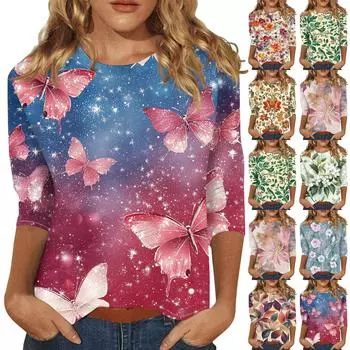 Женский цветочный и повседневный топ с рукавами три четверти и воротником с цветочным принтом M