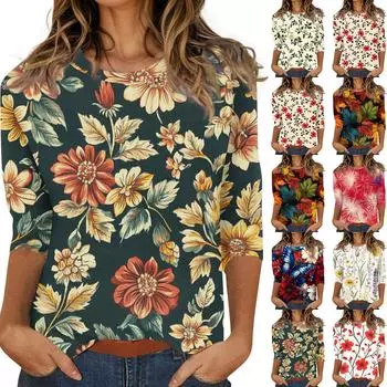 Женский цветочный и повседневный топ с рукавами три четверти и воротником с цветочным принтом L красный