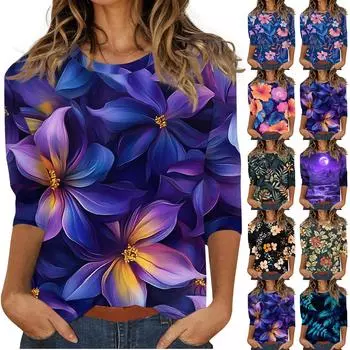 Женский цветочный и повседневный топ с рукавами три четверти и воротником с цветочным принтом M чёрный