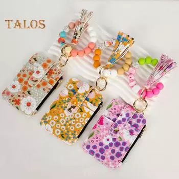 Женский цветочный кошелек-кошелек в стиле бохо, брелок для монет с кисточкой, эластичный кошелек с бисером и окошком для удостоверения личности для покупок, путешествий, повседневных покупок B