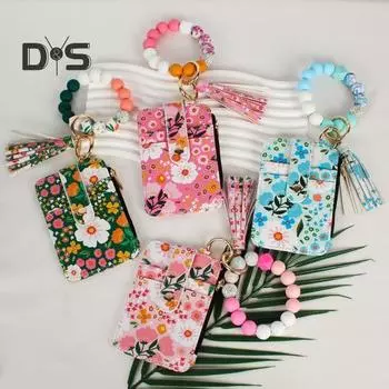 Женский цветочный кошелек-кошелек в стиле бохо, брелок для монет с кисточкой, эластичный кошелек с бисером и окошком для удостоверения личности для покупок, путешествий, повседневных покупок A