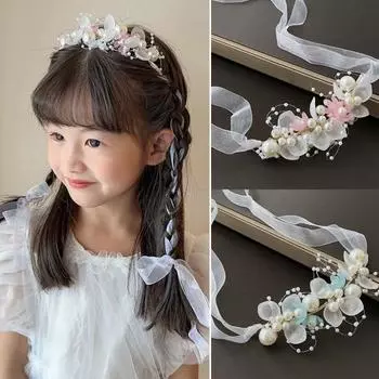 Женский цветочный ободок для волос, регулируемый искусственный жемчуг, противоскользящий стиль принцессы, сказочный детский цветочный венок для девочек, реквизит для фотосвадебной повязки на голову с цветком синий