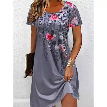 Женский цветочный принт, элегантный стиль для отпуска, круглый вырез, короткий рукав, дышащая трикотажная ткань из полиэстера и спандекса, повседневная одежда для всех сезонов XS