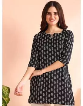 Женский цветочный принт хлопок искусственный шелк прямой топ-курта туника праздничная одежда дизайнерские этнические топы курти S чёрный