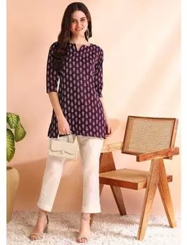 Женский цветочный принт хлопок искусственный шелк прямой топ-курта туника праздничная одежда дизайнерские этнические топы курти S фиолетовый