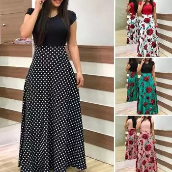 Женский цветочный принт с цветочным принтом и круглым вырезом, пляжная вечеринка, короткий рукав, макси XL