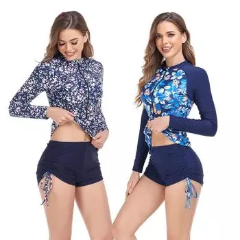 Женский цветочный принт с длинным рукавом, облегающий круглый вырез, топ на молнии с шортами на шнурке, купальник из двух частей, консервативный купальник L