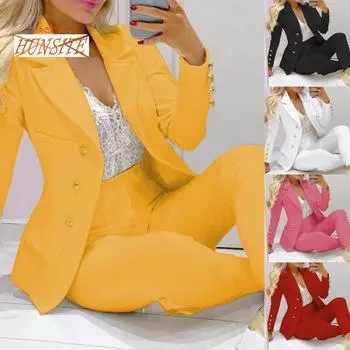 Женский деловой костюм из 2 шт./компл., однобортный однобортный брючный костюм с отложным воротником и высокой талией для работы XXL белый