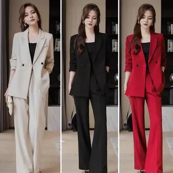Женский деловой костюм из 3 предметов: пальто, брюки, отложной воротник, декор на пуговицах, длинные рукава, свободные однотонные брюки, повседневный деловой наряд для поездок на работу XXL абрикосовый