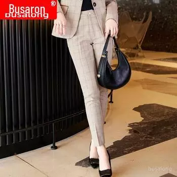 Женский деловой костюм с длинным рукавом и строгими брюками на осень и зиму XXXL