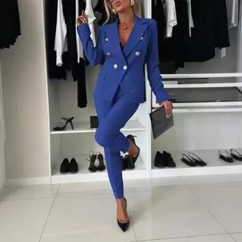 Женский деловой пиджак брючный костюм нарядные пиджаки брюки с высокой талией S чёрный