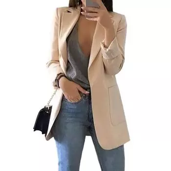 Женский деловой пиджак с лацканами, длинный рукав, открытая передняя часть, с карманами, однотонный повседневный рабочий костюм XL