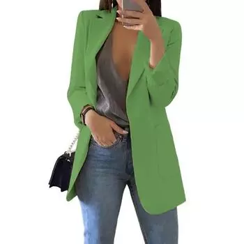 Женский деловой пиджак с лацканами и длинными рукавами, с открытым передом и карманами XXL мятный зеленый