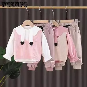 Женский детский костюм для девочек 0-5 лет, милая корейская весенне-осенняя одежда, свитер с длинными рукавами, жилет из трех предметов 110 розовый