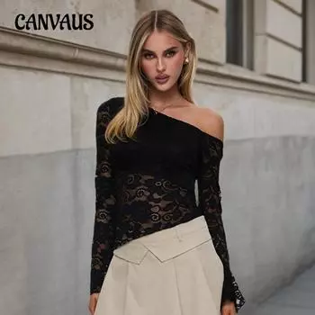 Женский диагональный воротник, нерегулярные расклешенные рукава, кружевной пикантный сексуальный топ без бретелек с утягивающей талией, темпераментный топ с длинными рукавами S чёрный