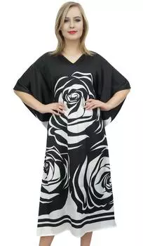 Женский дизайнерский атласный длинный кафтан-кимоно макси с цветочным принтом Bimba 10 чёрный