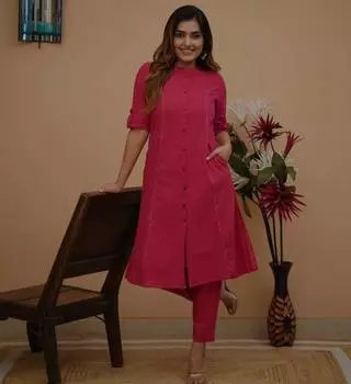 Женский дизайнерский комплект из хлопка Slub Kurta Pant Cord, индийский топ Bollywood, туника, платье Kurti M розовый