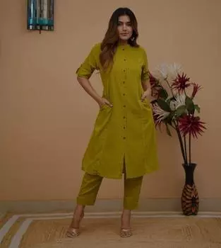 Женский дизайнерский комплект из хлопка Slub Kurta Pant Cord Dress Indian Bollywood Top Tunic Kurti M зелёный