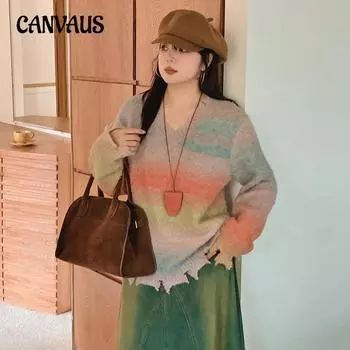 Женский дизайнерский топ больших размеров с градиентным цветом, свободный вязаный свитер XL зелёный