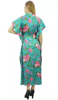 Женский длинный атласный синий макси-кафтан Bimba с цветочным принтом и кулиской, подарок подружке невесты - 10 цвет морской волны