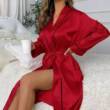 Женский длинный халат, пижама с длинными рукавами, сексуальная однотонная домашняя одежда из искусственного шелка S хаки