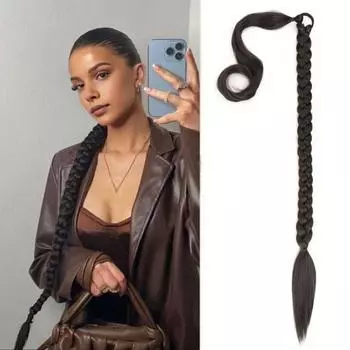 Женский длинный хвост с резинкой для волос, натуральный пушистый высокотемпературный провод, прямой плетеный хвост, синтетический хвостик коричневый