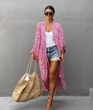 Женский длинный кардиган с леопардовым принтом - свободный крой, большой размер, солнцезащитное пляжное покрытие One Size