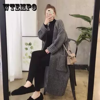 Женский длинный кардиган, свитер, осенний новый стиль, корейский свободный вязаный свитер, пальто, женский вязаный кардиган, куртка «ленивый ветер» One Size