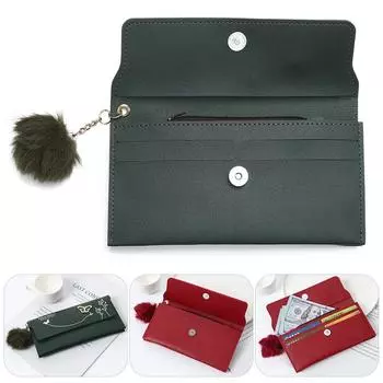 Женский длинный кошелек с шариком для волос, клатч из искусственной кожи, сумка для денег, кошелек из искусственной кожи, держатель для карт с кисточкой красный