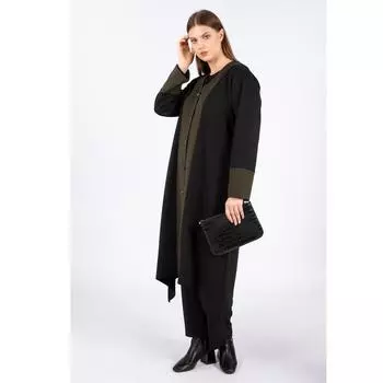 Женский длинный костюм-тройка больших размеров на пуговицах хаки/черный