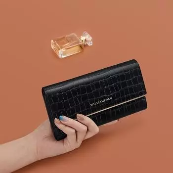 Женский длинный модный клатч из натуральной кожи с узором под крокодила, большой вместительный кошелек с держателем для карт чёрный