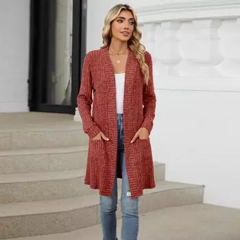 Женский длинный однотонный кардиган-жакет с длинными рукавами, свободного кроя и карманами S красный