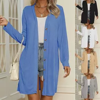 Женский длинный однотонный повседневный кардиган с длинными рукавами и пуговицами S белый