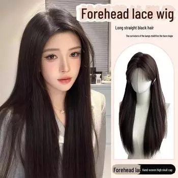 Женский длинный парик на сетке с натуральной челкой и длиной до лба — модные прямые волосы, полное покрытие, прямой пробор.