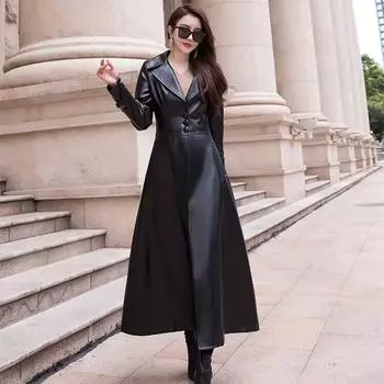 Женский длинный плащ из искусственной кожи, тонкая водонепроницаемая верхняя одежда, британская ветровка, пальто XL чёрный