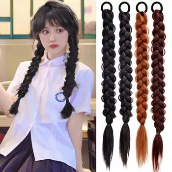 Женский длинный плетеный хвост с резинкой для волос, милый натуральный пушистый прямой хвост для девочек, синтетический хвостик светло-коричневого