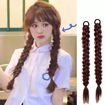 Женский длинный плетеный хвост с резинкой для волос, милый натуральный пушистый прямой хвост для девочек, синтетический хвостик темно-коричневого